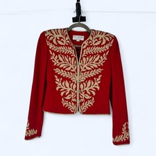 St. John Evening Marie Gray Red Gold Embroidered Knit Jacket c. 1990’s picture
