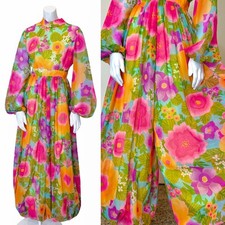 Vintage 60's PSYCHEDELIC FLORAL JUMPSUIT M Hostess Balloon Hippie Genie Caftan picture