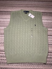 NEW NWT Vintage Polo Ralph Lauren V-Neck Sweater Vest Cable Knit Green Medium picture