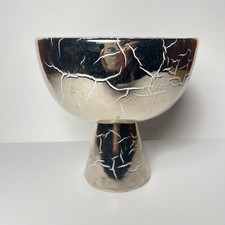 Mid Century Modern Silver Mirror Crackle Glaze Ceramic Footed Bowl picture