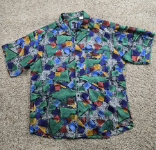 Vintgae 90s Hey Man Shirt Large Geometric Print Rayon Button Up Short Sleeve picture
