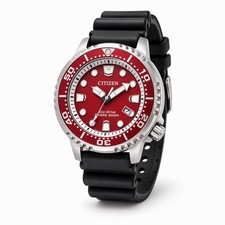 Citizen Men Quartz Diving Watch Red Dial Black Rubber Strap 200 Waterproof Date picture