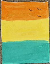Signed Hand-Painted Abstract Modern Seascape Birds Painting on Paper Unframed picture