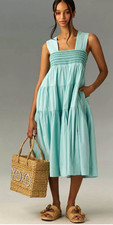 by Anthropologie The Helena Square-Neck Tiered Midi Dress Turquoise Size Medium  picture