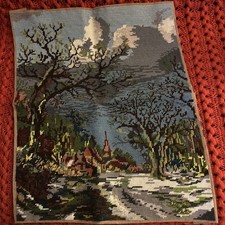 Vintage Hand Embroid Neddle Point Cross Stitch Scenic Scene Canvas Not Framed picture