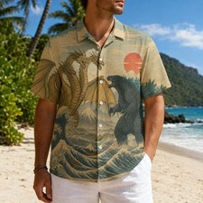 Japanese Art Dragon vs Sea Monster Hawaiian Shirt Vintage Wave Beach Button Down picture