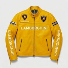 Lamborghini Yellow Leather Racing Jacket – Men's Vintage Biker Motorsport Gear picture