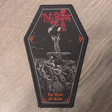 The Black “The Priest Of Satan” Coffin Shaped Woven Patch picture