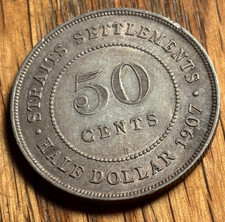 Straits Settlements 1907 H Silver 50 Cents picture