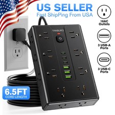 Flat Plug Power Strip with 16 Outlet Extension Cord USB Port Surge Protector picture