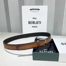 BERLUTI Scritto Men's Brown Leather Belt Silver Buckle With Box picture