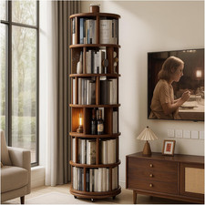 Solid Wood Rotating round Bookshelf Towers with Wheels, Revolving Bookcase 6 Tie picture