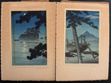 Kawase Hasui 2 Japanese Woodblocks 1930s 6 x4 inche Matsushima Moon - Miho Beach picture