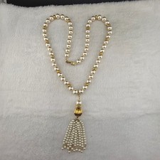 Vintage Napier Tassel Necklace Cream Faux Pearl Gold Tone Bead 25