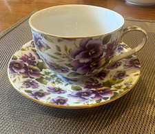 Formalities by Baum Bros Purple Floral Tea Cup & Saucer Set Gold Trim, 2pc picture