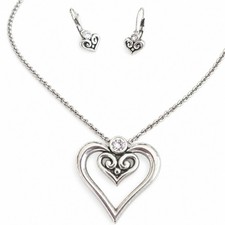 Brighton Alcazar Duet Crystal Heart Necklace Earrings Set Silver NWOT picture