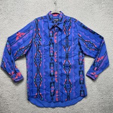 Vintage Wrangler Brushpopper Shirt Mens Large Blue Aztec Western Checotah USA picture