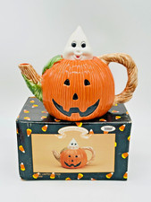 Vintage 1995 Hermitage Pottery Pumpkin Teapot with Ghost Lid in Box  picture
