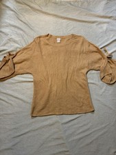 Chico’s Size 1 (Medium) Tan Knit Sweater Bell Sleeves Bow Tie Detail Pullover picture