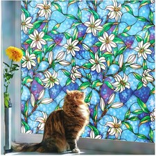 rabbitgoo Stained Glass Window Film Static Cling Blue Lily Decorative Film Door picture