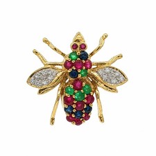 Vintage 18k Gold Ruby Emerald Sapphire & Diamond Colorful Bee Fly Brooch Pin picture