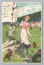 German Alpine Girl w Easter Bunny & Eggs ~ Antique AK Postcard Mailick 1903 picture