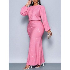 (A10) NWOT Shein Pink Silver Sparkle Maxi Dress Plus 1XL (US 14) Long Sleeve picture