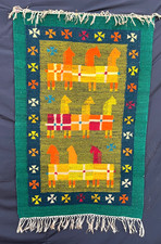 Vintage Polish Folk Art Kilim Rug Handwoven Wool Horse Tapestry Cepelia Style picture