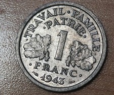 1943 France 1 Franc WWII Coin Vichy State Nazi Occupation picture