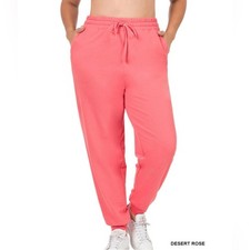Zenana Curvy French Terry Jogger Sweatpants Cotton Pockets  Desert Rose Pink NWT picture