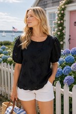 Talbots Black Butterfly Eyelet Cotton Blouse Puff Sleeve Scallop Hem Top M picture