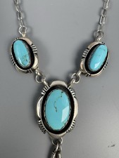 Leonard Marian Nez Navajo Sterling Silver Veined Turquoise Feather Necklace 16” picture