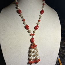 Vtg Czech Art Deco Neiger Style Candy Red & Pearl Ornate Gryphon Necklace picture