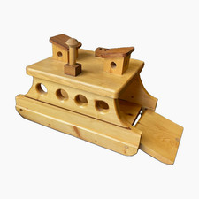 Handcrafted Vintage Wooden Toy Ferry Boat – Rolling Wood Wheels picture