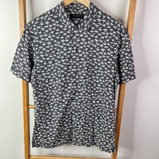 AllSaints Button Up Shirt Mens Small Black Palm Print Salix Short Sleeve Casual picture