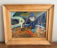Vintage Outsider Folk Art Abstract Painting Oil Paper Nonconformist Style picture