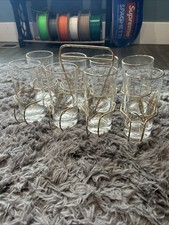 Vintage MCM Set of 8 Libbey Wheat Pattern Glasses w/ Gold Metal Carrier picture