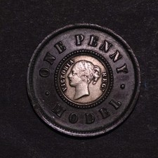 1844 One Penny Model Victoria, by J. Moore, RARE Variety (Nose to T) picture