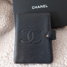 CHANEL CC Logo Caviar Skin Leather Agenda PM Day Planner Cover Black 6 Rings picture