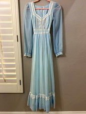 Gunne Sax Blue Floral Maxi Prairie Dress S 100% Cotton V-Neck Lace Embroidered picture