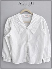 VINTAGE White Lace Blouse Prairie Cottage Victorian Puff Sleeve Button picture