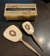 3pc Vintg Antique Gold Tone Vanity Set Mirror Brush Tissue Box Hollywood Regency picture