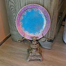 ORNATE ANTIQUE SOLID BRONZE STAND/on it, sits A HAND PAINTED ANTIQUE PLATE picture