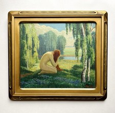 Original Torey Ross Painting Woman Kneeling in Idyllic Landscape 1920s Illinois picture
