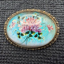 Vintage Hand Painted Brooch Pink Dahlia Flower Morpho Butterfly Wing Glass Top picture