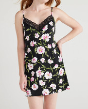 Joyspun Womens Chemise Sz M (8-10) Black Floral Cotton Blend Lace Trim Sleepwear picture