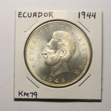 1944 Ecuador Cinco 5 Sucres .720 / .5787 Silver 25 Grams M Mexico Mint KM#79 picture