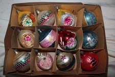12 Vintage Poland Jumbo Indent & Stenciled Christmas Tree Ornaments in Box picture