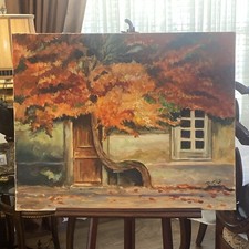 Original Oil On Canvas Painting Tree Fall Leaves Wood Door Signed Ruthy 30”x24” picture