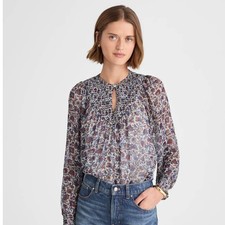 Madewell Smocked Split Crewneck Top Women Small Cherry Red Floral Boho Preppy picture